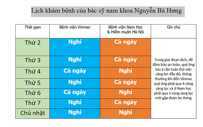 Lịch khám và làm việc của Dr Hưng